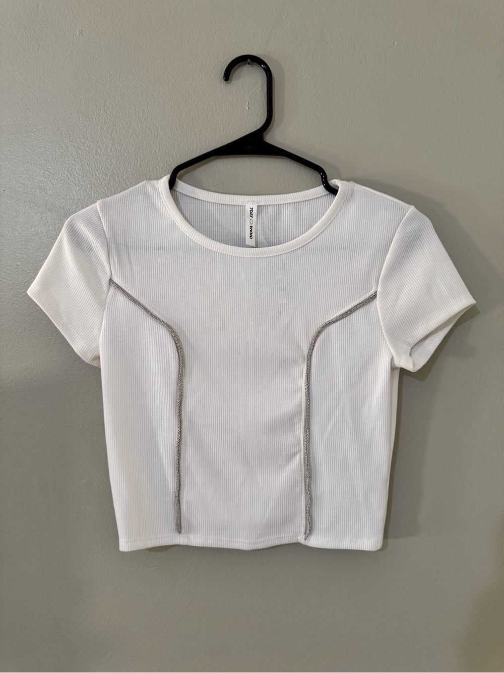 White Ribbed Crop Top with Silver Trim Women’s Short Sleeve